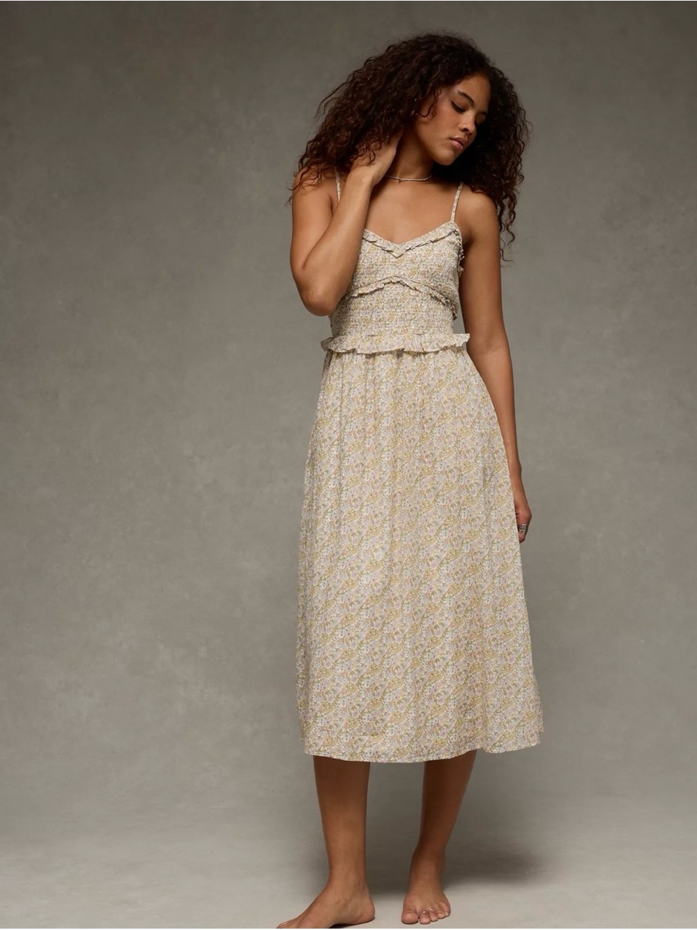 Light Yellow Floral Midi Skirt